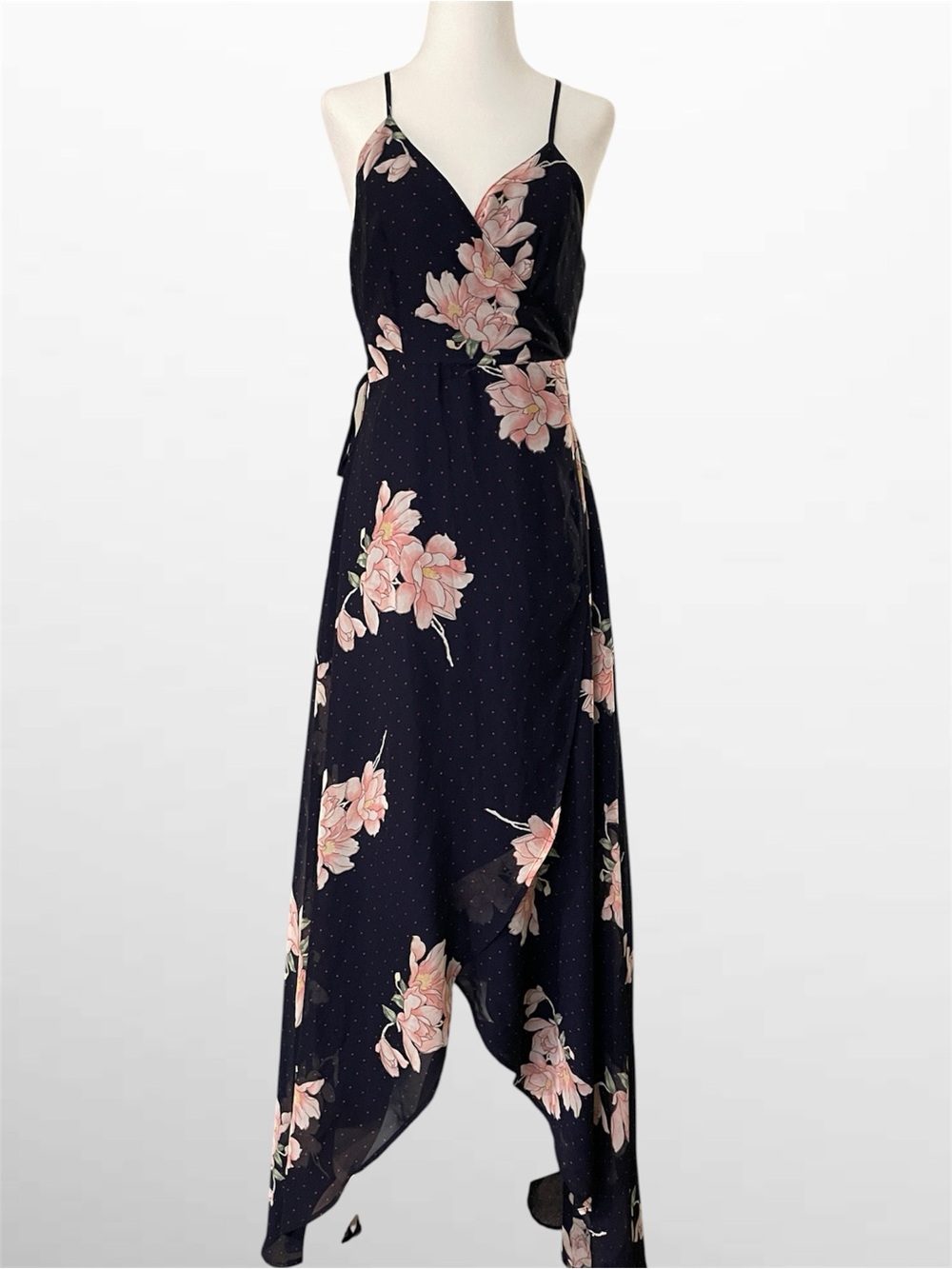 Lulu’s High-Low Spaghetti Strap Wrap Dress Navy Floral & Pink Bloom Print SZ: L